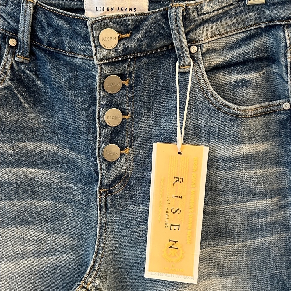 Risen Women's High Rise Blue Distressed Jeans - Picture 3 of 7
